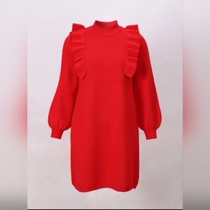 Mock neck ruffle trum lantern sleeve sweater dress red size 8/10